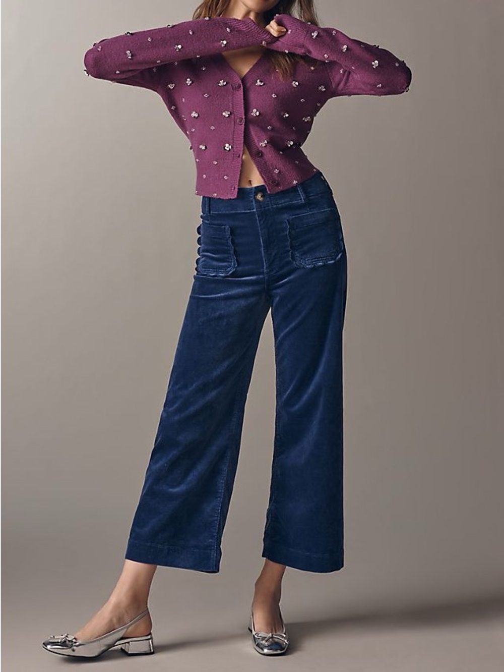Anthropologie Maeve Colette Corduroy High Rise Wide Leg Cropped Pants Navy 33